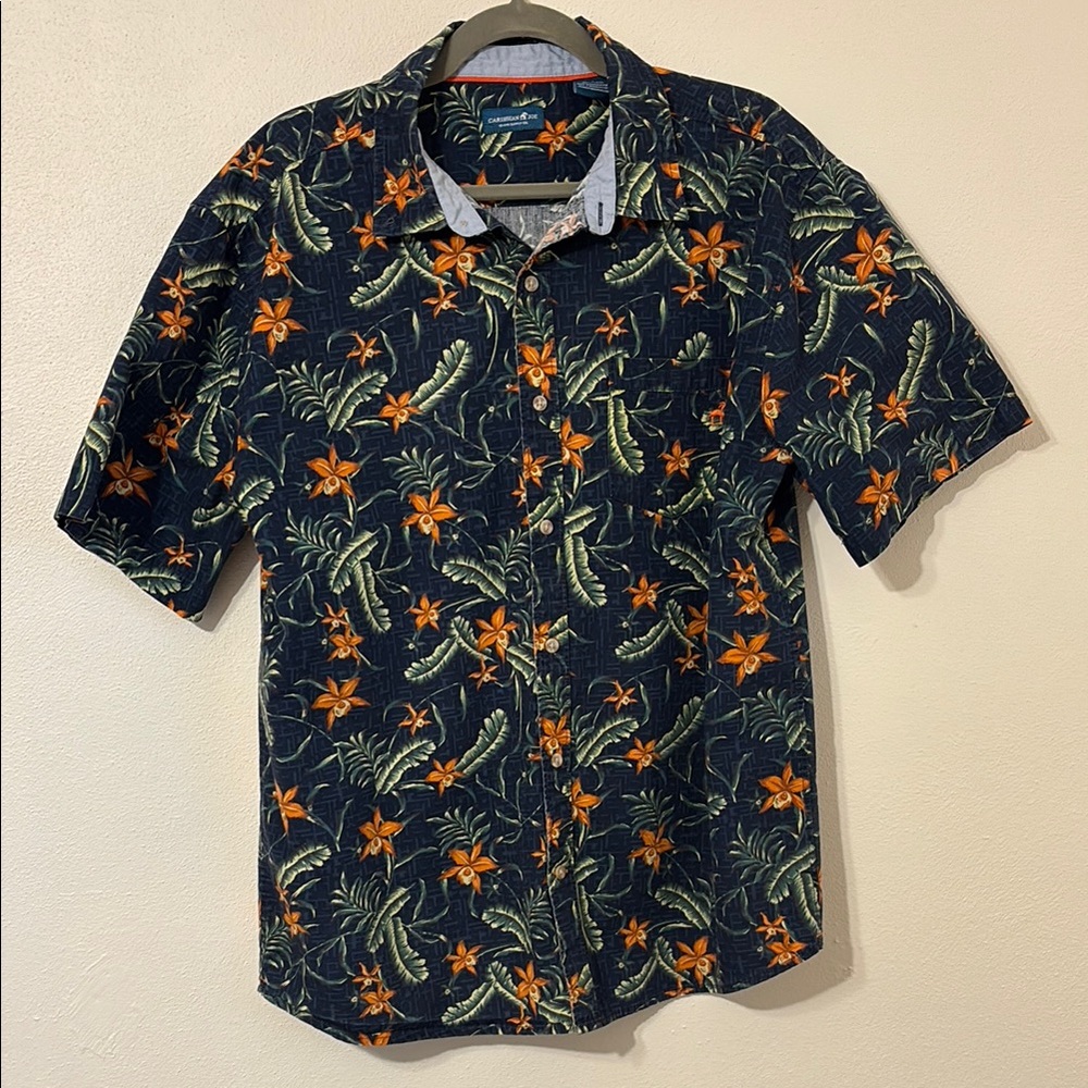 Caribbean Joe XL blue and orange Hawaiian Casual Button Down pocket Shirt